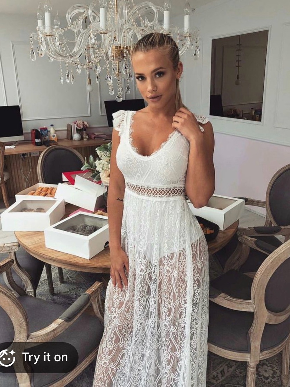 White Lace V-Neck Maxi Dress - Elegant Women's Dress